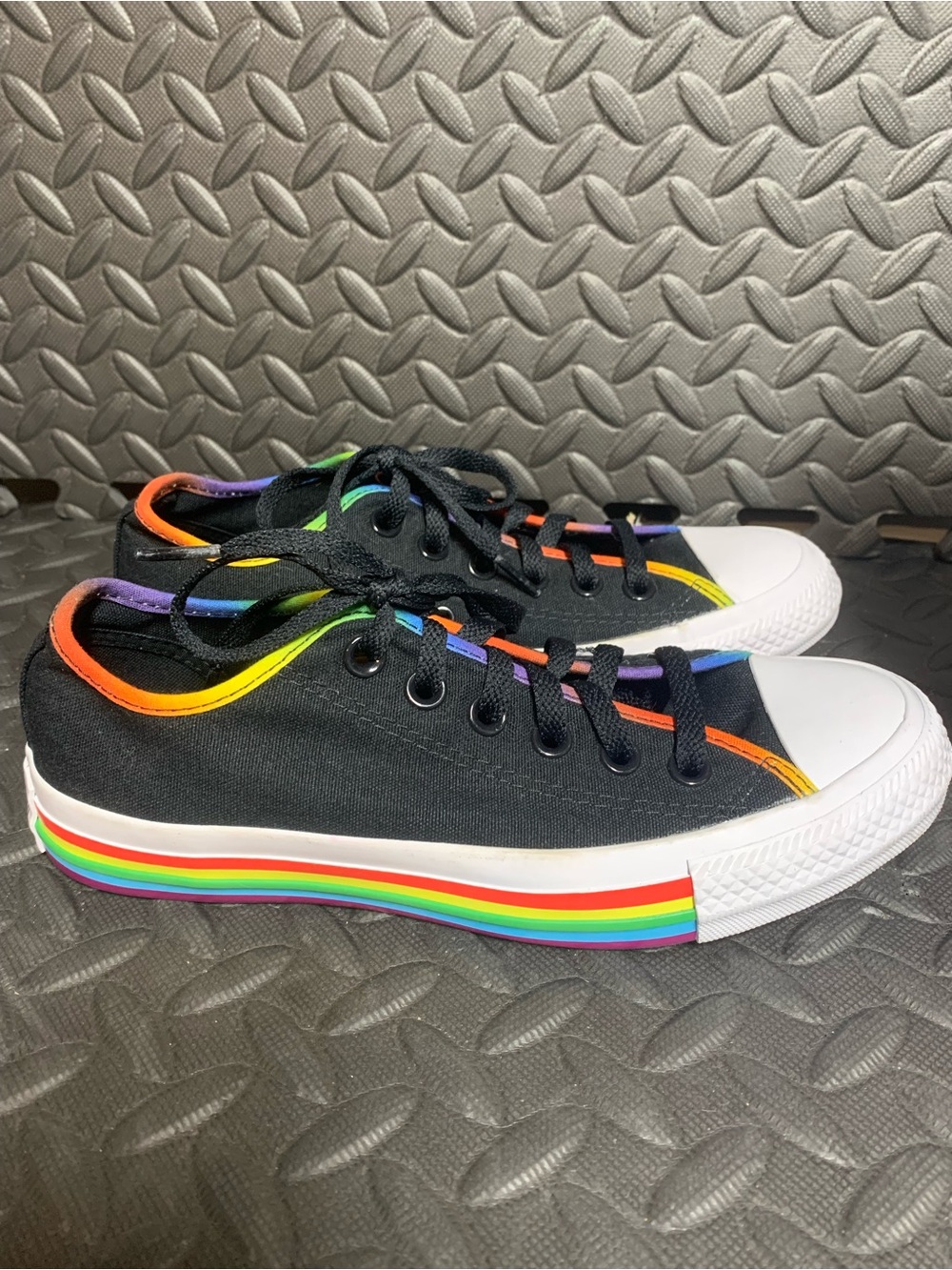 Unisex Converse Black Canvas Sneakers  Rainbow Trim. Men size 5; women size 7